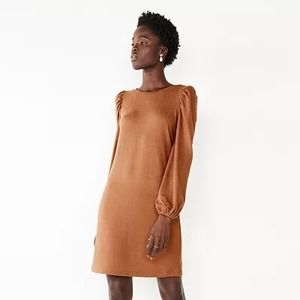 NWT Nine West Puff Long Sleeve Dress Bubble Sleeve Caramel Tan Brown